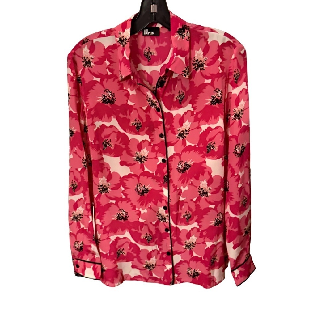 The Kooples Women’s 100% SILK Pink & White Floral Black Piping Sz M (2) NWT